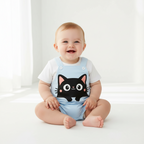 IURNXB Summer Infant Cartoon Black Cat Printed Unisex Romper with Suspenders (0-18M)